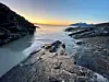 Auvika, Bodø. Strand, vinter, sjø, utsikt, solnedgang, havvis, Nord-Norge. (Foto: Trine Jonassen)