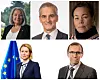 Kommer til Tromsø (øverst f.v.): Canadas generalguvernør Mary Simon, Norges statsminister Jonas Gahr Støre, Grønlands utenriksminister Vivian Motzfeldt, EUs utenrikssjef Kaja Kallas og Norges utenriksminister Espen Barth Eide.