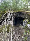 Liten grotteinngang i skogen delvis dekket av greiner og omgitt av stein og mose.