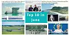 News collage with multiple June headlines, including oil rigs, planes, officials, a portrait and a podium scene.