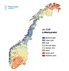 Kart over Norge med fargekoder som viser lufttemperatur i juli 2026.