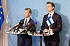 Sveriges forsvarsminister Pål Jonson (M) og Finlands forsvarsminister Antti Häkkänen (Samlingspartiet) på dagens pressekonferanse. – Finland og Sverige en lang historie med et tett bilateralt forsvarssamarbeid. Dette er et nytt stort steg i forsvarsrelasjonen mellom våre land. Et framskutt nærvær i Finland sammen med våre robuste nasjonale kapasiteter utgjør en sterk helhet for avskrekking og forsvar, sier Häkkänen. (Foto: Niklas Forsström/Sveriges regjering)