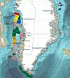 Kartet viser eksisterende og planlagte oljeletingsområder ved Grønland i 2014. Nå vil parlamentspresidenten ha totalt oljeforbud offshore. (Ill.: Naalakkersuisut).
