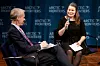 Student Anna Bjørn and moderator, BBC Worlds Stephen Sackur, during Arctic Frontiers 2017. (Photo: Terje Mortensen, Arctic Frontiers).