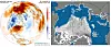 Graph showing above-average temperatures across much of the Arctic and map showing ice being pushed together along the north and east side of Greenland by high winds. (Source: Climate Reanalyzer, Climate Change Institute, University of Maine, USA and EUMETSAT)