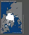 Arctic sea ice extent for July 15, 2018 was 8.5 million square kilometers. The orange line shows the 1981 to 2010 average extent for that day. (Source: Image courtesy of the National Snow and Ice Data Center, University of Colorado, Boulder, http://nsidc.org/arcticseaicenews/2018/07/ )